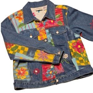 Susan Bristol Vintage Floral Patchwork Embroidered Denim Jacket Small